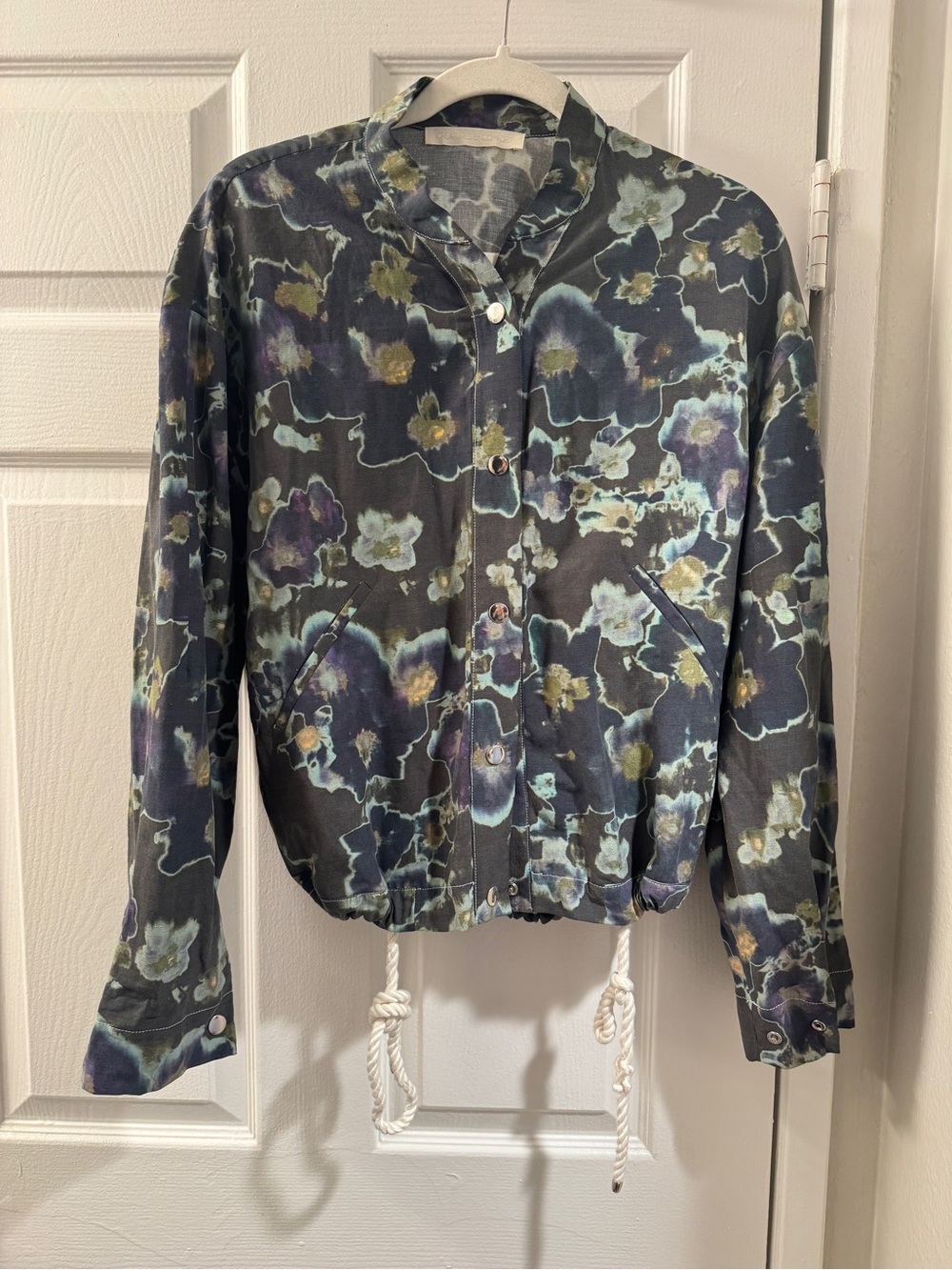 Creatures of Comfort Dark Floral Button-Up Jacket with Drawstring